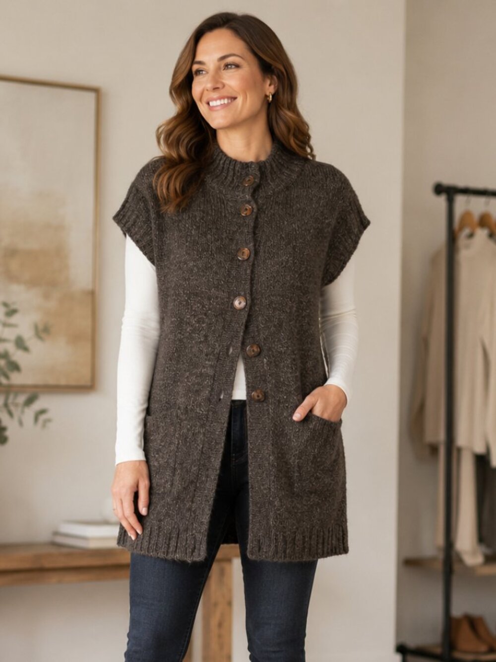 Lapis Brown Short Sleeve Button Up Long Cardigan Sweater Size Large Academia